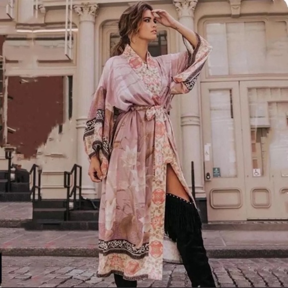 Lena Vie Boutique Other - Gypsy Bohemian Kimono Duster In Mauve Pelican, Pink Kimono Robe Beach Duster